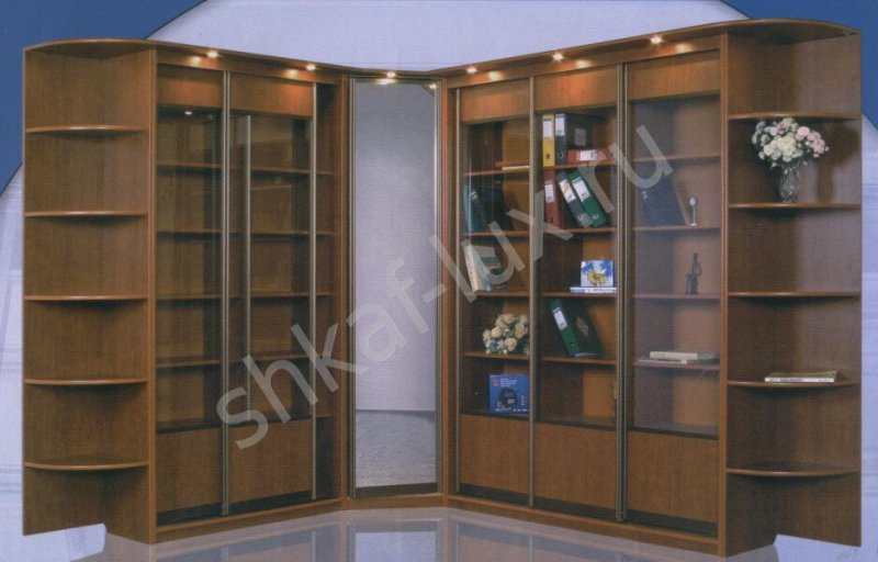 Угловой шкаф купе для книг с зеркалом № 144